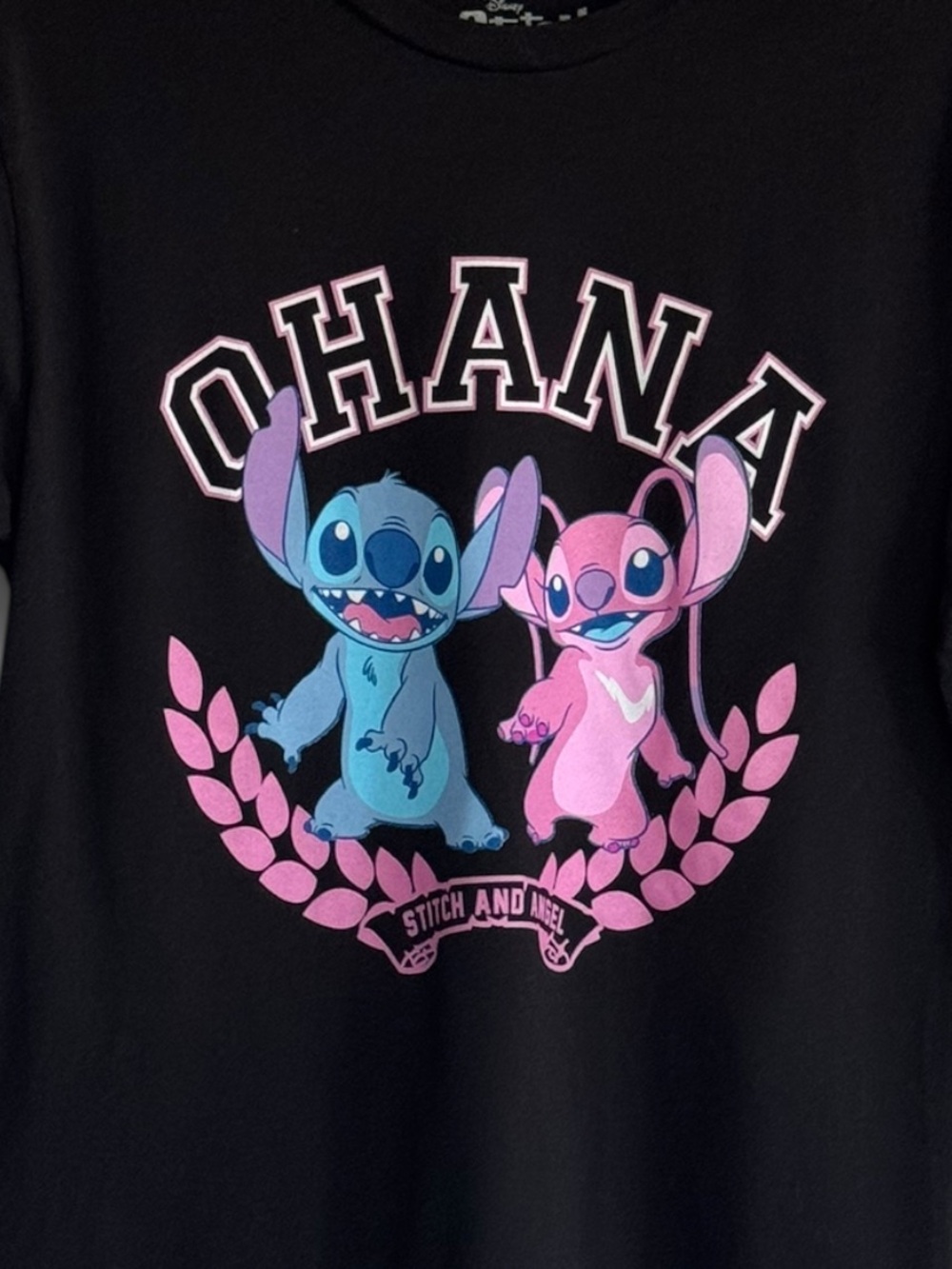 🟢3/$25 Disney Lilo & Stitch OHANA Stitch Angel Short Sleeve Black T Shirt Womens